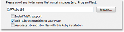 Ruby installer 다운로드 및 설치하기 (주의 : Add Ruby executables to your PATH를 반드시 체크)